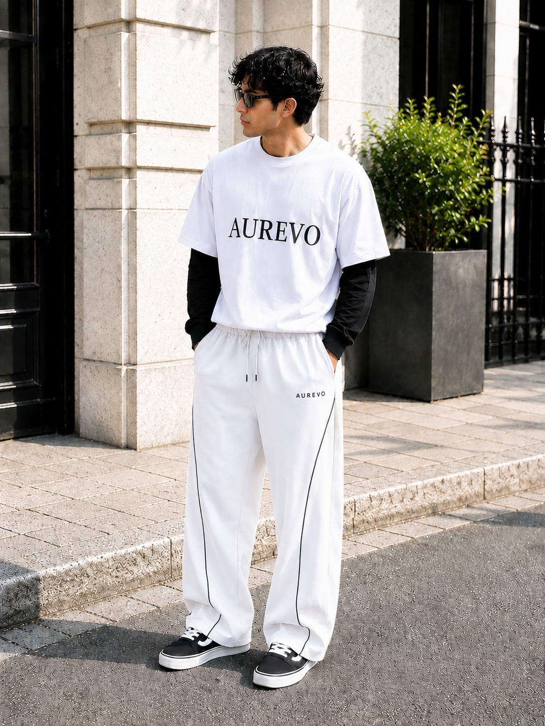 AUREVO "Block" Oversized Track Set (Or list as separates: "Block" Heavyweight Graphic Tee & "Piped" Wide-Leg Track Pants)